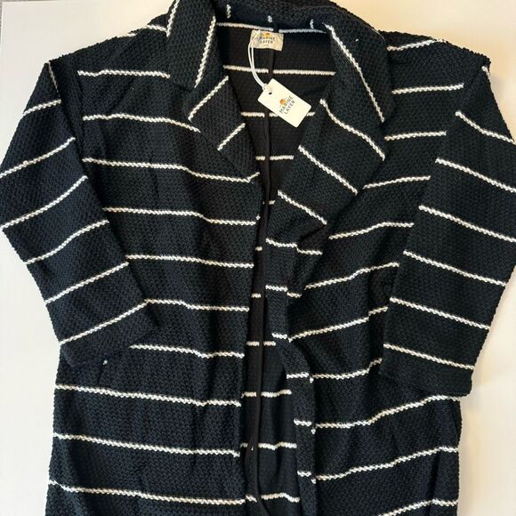$148 MARINE LAYER Women's L Birdseye Coat Open Front Cardigan Black White Stripe - Picture 3 of 6